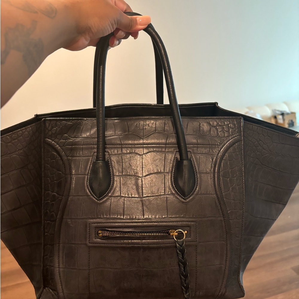 Celine Dark Brown Crocodile-Embossed Tote